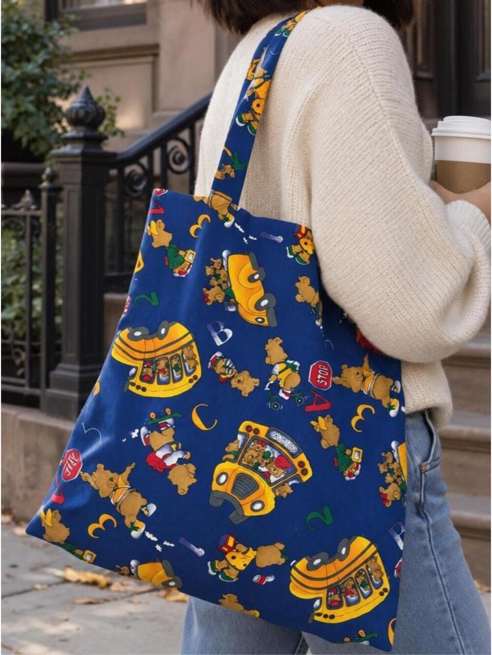 1995 Alexander Henry Teddy Bear School Bus Fabric Handmade Tote